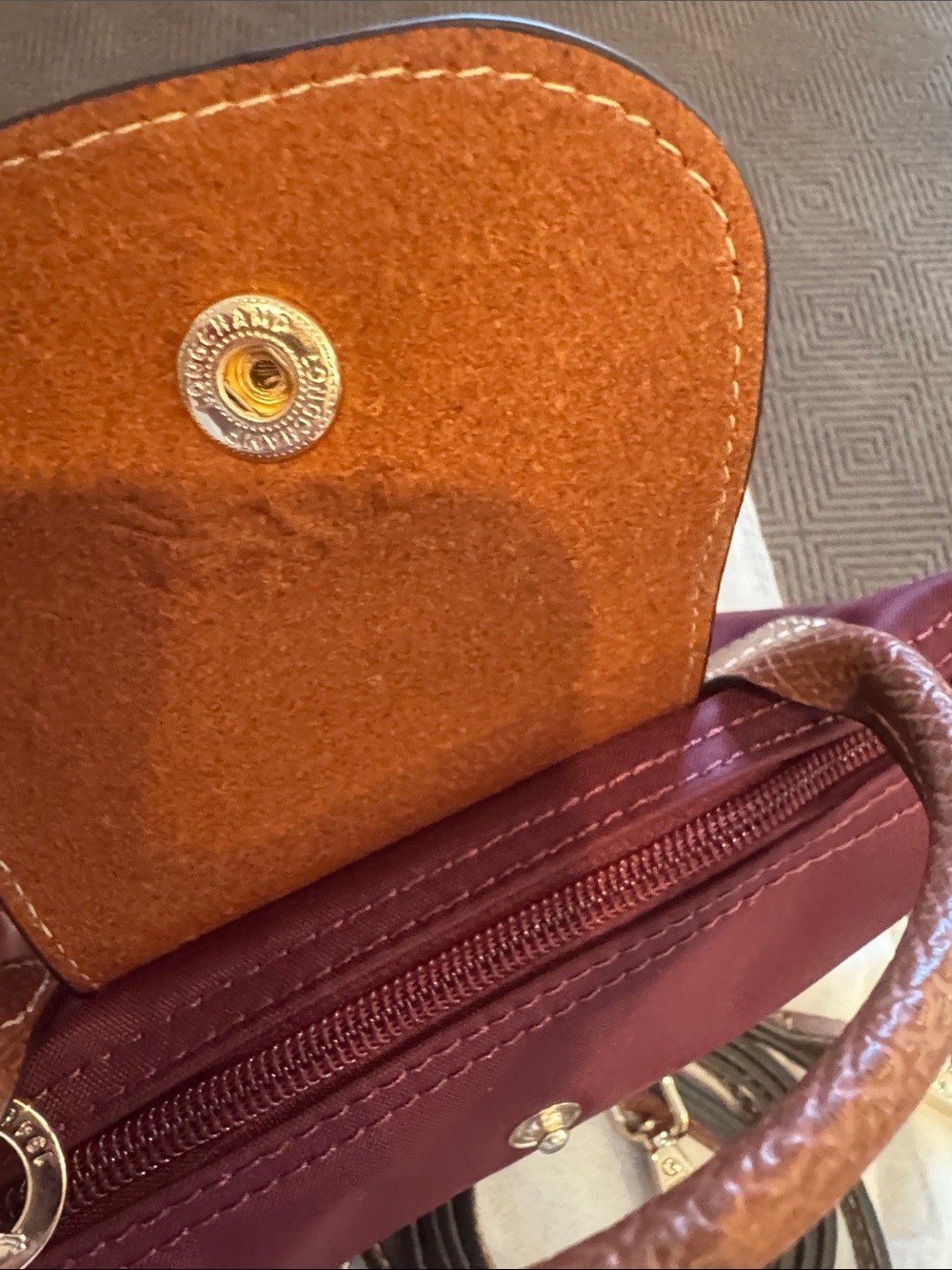 Longchamp Small Crossbody Bag in Burgundy with Brown Trim - Picture 5 of 6